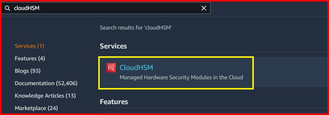 Picture showing the cloudHSM in the search result